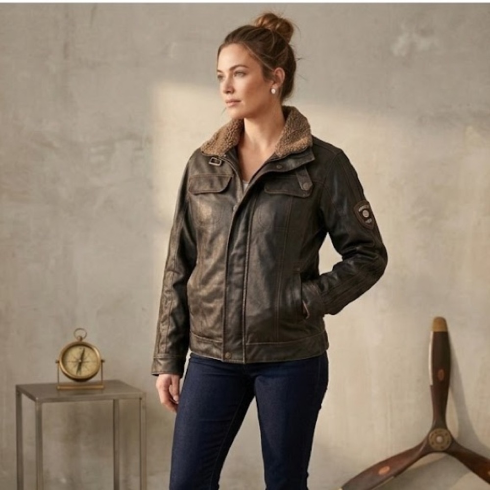 Hawke & Co Faux Leather Aviator Jacket Brown Size 8